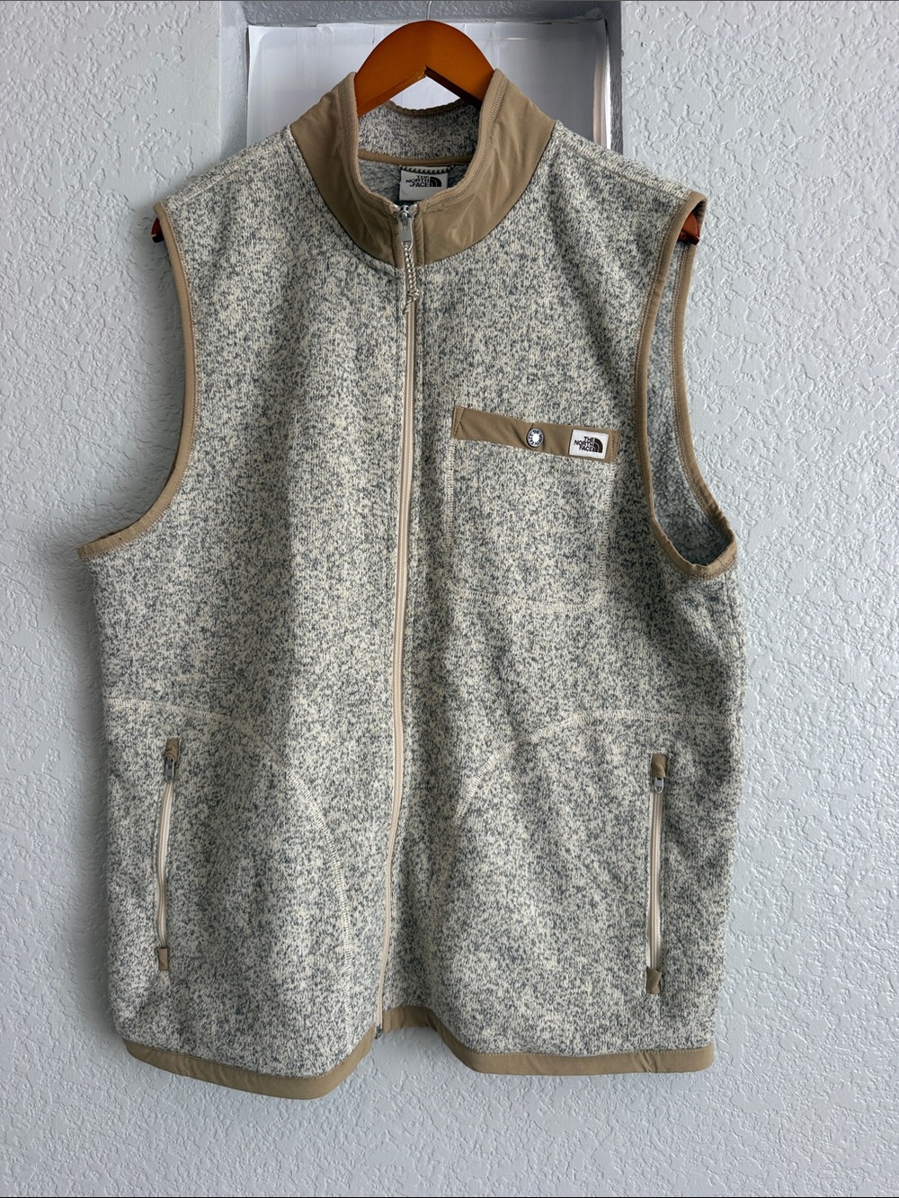 The North Face Men’s Heather Cream Zip Fleece Vest with Tan Trim